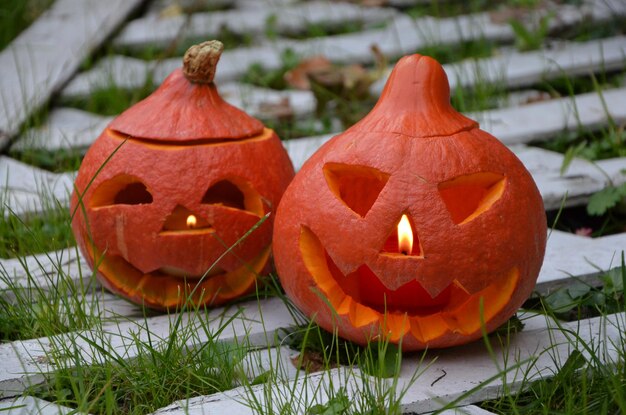 lampka z dyni na halloweenową dekorację świąteczną w ogrodzie