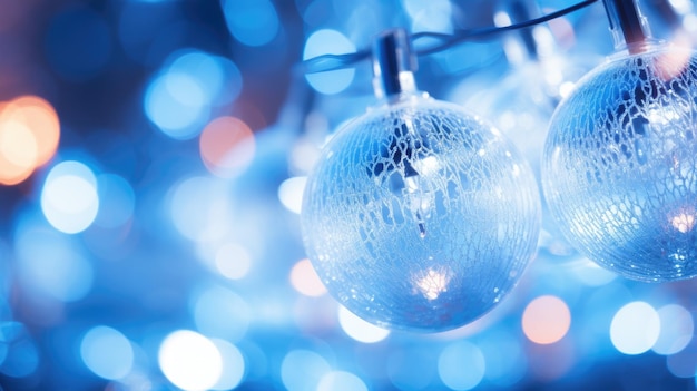 Zdjęcie lampki choinkowe na niebieskim tle z efektem bokeh bożonarodzeniowe tło widok z bliska z głębią ostrości