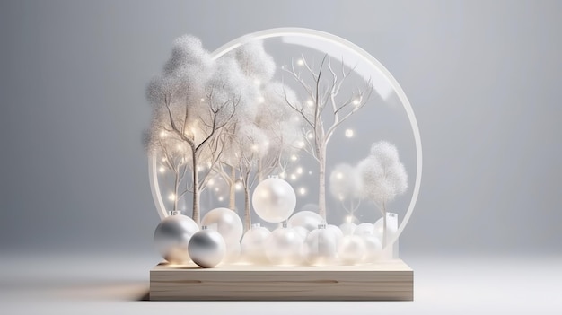 Lampki choinkowe ze śniegiem i drewnianym cokołem prezentują Generative Ai