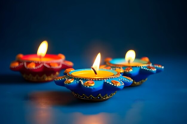 Lampki Happy Diwali Clay Diya zapalone na niebieskim tle podczas obchodów Diwali Sieć neuronowa wygenerowana w maju 2023 r. Nie jest oparta na żadnej rzeczywistej scenie ani wzorzec