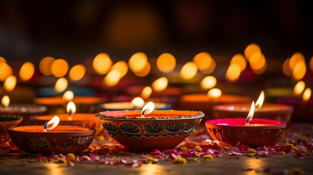Lampki Happy Diwali Diya zapalone podczas obchodów Diwali