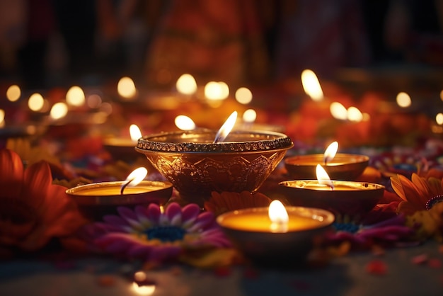 Lampy Diwali Diya zapalają się podczas festiwalu Dipavali