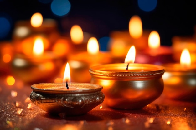 Lampy i świece Diya zapalone podczas szczęśliwego tła Diwali Tradycyjny festiwal świateł Obchody Deepavali wygenerowały sztuczną inteligencję