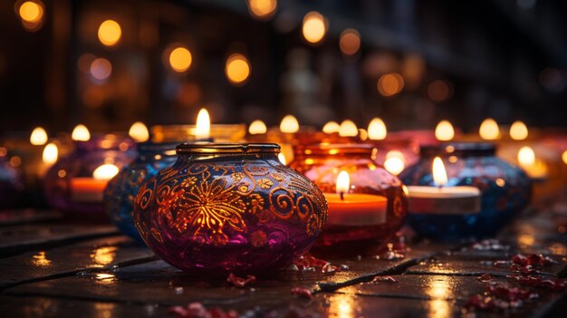 Lampy naftowe 3D i świece świecące świecące symbole Obchody Diwali Indyjski wielki festiwal