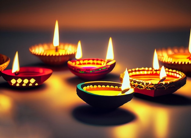 Lampy naftowe Diwali z rozmytym tłem świateł