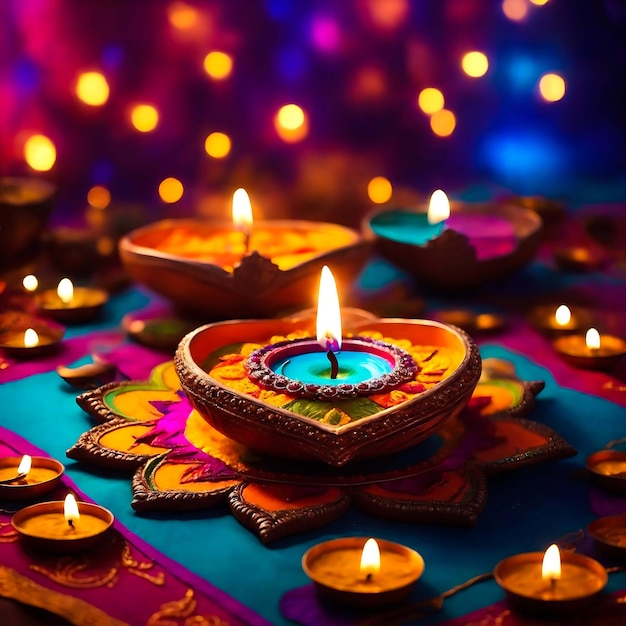 Lampy olejowe zapalone na kolorowych rangoli podczas uroczystości Diwali Ai Generated