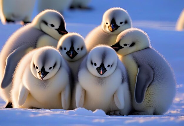Zdjęcie Łańcuch puszystych piskląt pingwinów cesarskich dzieli się ciepłem