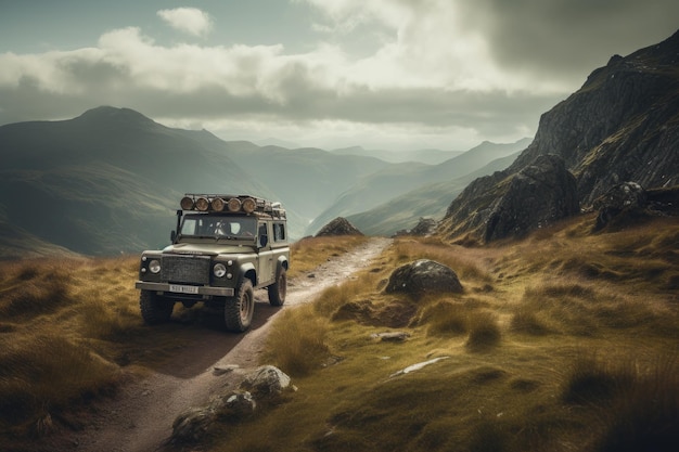 Land rover na górskiej drodze z górami w tle