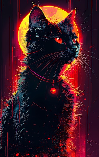 Laperm Cat z dziką pozycją i nosząc cyberpunk bransoletkę Creative Animal Background Collage Art