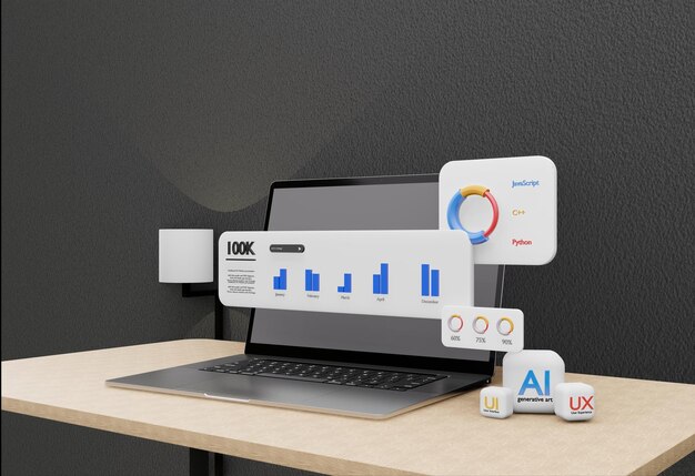 Laptop 3D ilustracja analityka danych strona internetowa algorytm SEO ai ui ux programowanie generati