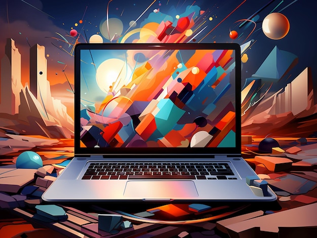 Laptop artwork kolorowy ekran dynamiczny i energiczny estetyka futuryzmu grafika laptopa