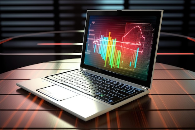 Laptop biznesowy analizuje dane i analizy w celu planowania strategii marketingowej Zbliżenie nowoczesnego ekranu komputera wyświetlającego wykresy i tabele związane z finansami i sukcesem Ai generative