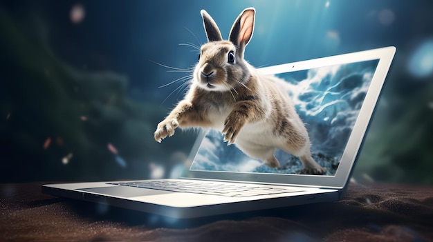 Laptop do gier 3d skaczący królik rzeczywistości wirtualnej wyświetla ekran ai generowany
