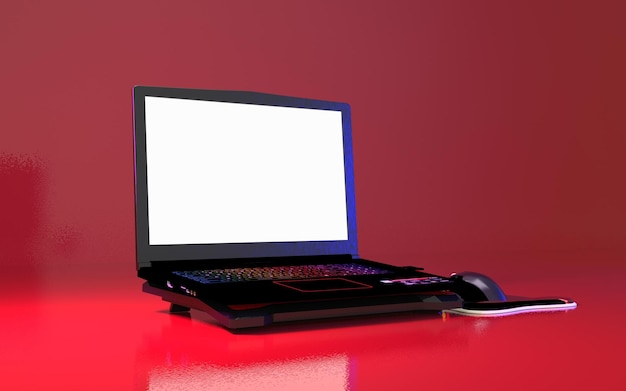 Laptop do gier na czerwonym tle renderowania 3d