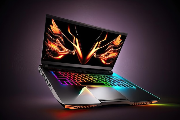 Zdjęcie laptop do gier z podświetlaną klawiaturą i futurystycznym designem na neonowym tle generowanym przez sztuczną inteligencję