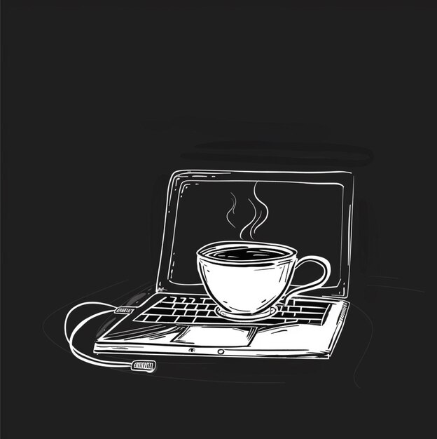 laptop i filiżanka do kawy jedna linia sztuki