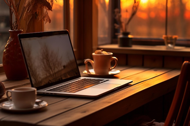 Laptop i filiżanka kawy na stole w kawiarni