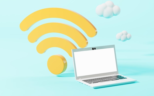 Laptop i ikona wifi z renderowaniem 3d w tle cyjan