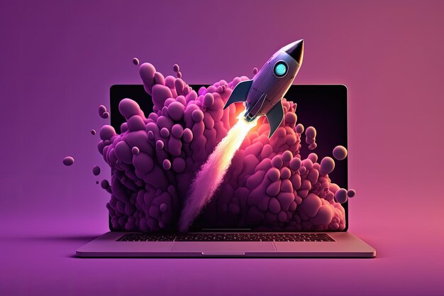 Laptop i ilustracja rakieta purpurowe tło Generative AI