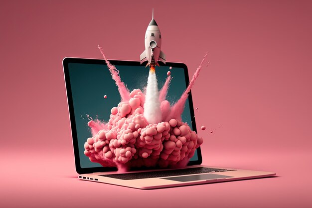 Laptop i ilustracja rakieta różowe tło Generative AI