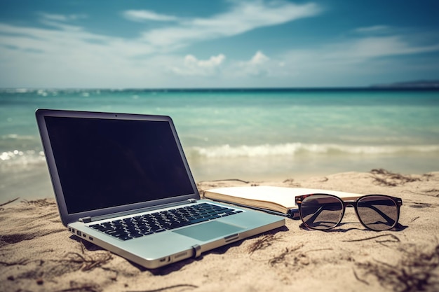 Laptop i książka na plaży