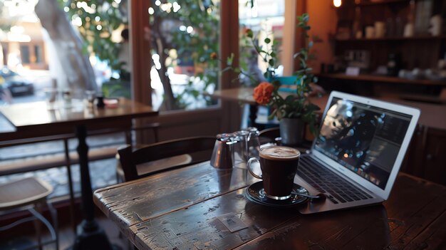 Laptop i kubek do kawy na drewnianym stole w kawiarni Rozmyte tło z ludźmi chodzącymi na zewnątrz