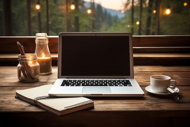Laptop i kubek do kawy z artykułami biurkowymi na brązowym biurku