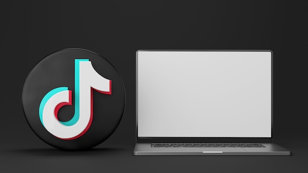 Laptop i makieta logo TikTok na czarnym tle Renderowanie 3D