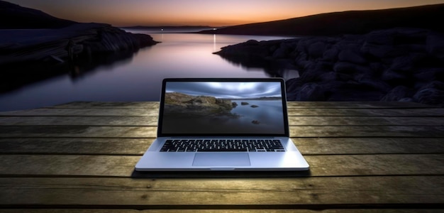 Zdjęcie laptop jest otwarty na drewnianym stole z zachodem słońca w tle.