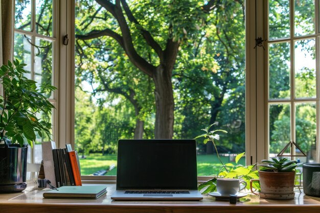 Laptop na biurku przed dużym oknem z widokiem na bujne zielone drzewa w parku