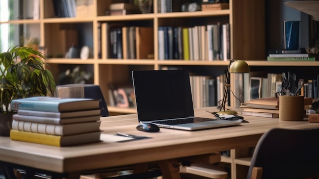 Laptop na biurku z półkami na książki w tle