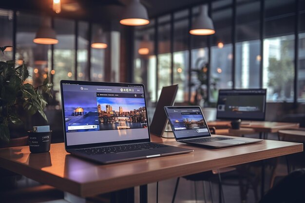 Laptop na biurku z wieloma monitorami