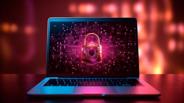 Laptop na blokadzie ekranu Cyberbezpieczeństwo koncepcja ochrony danych projekt cyfrowy Generative AI