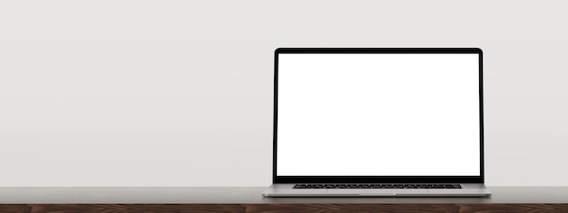 Laptop na drewnianym stole biała ściana Widok z przodu otwórz makietę nowoczesnego laptopa Makieta pustego ekranu laptopa na drewnianym stole Widok z przodu laptopa na stole roboczym