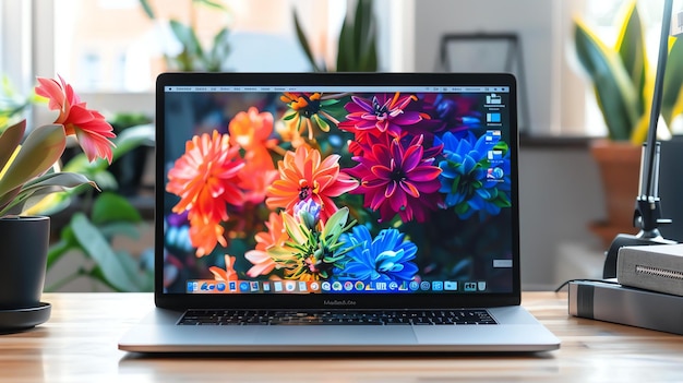 Zdjęcie laptop na drewnianym stole ekran wyświetla kolorowe kwiatowe tapety