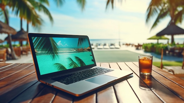 laptop na drewnianym stole na plaży tropikalne morze wakacje resort praca online