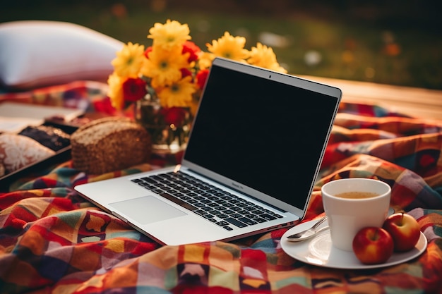 Zdjęcie laptop na koce piknikowej z puzzlem o tematyce kawy