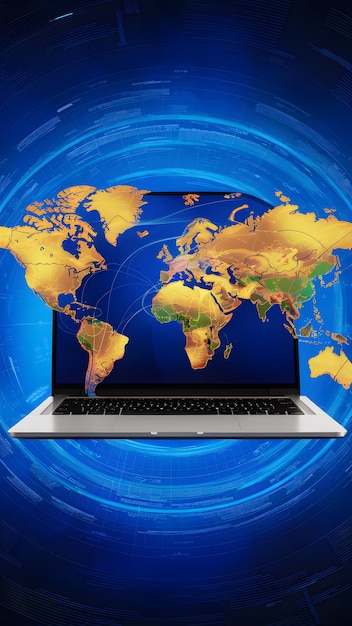 Zdjęcie laptop na niebieskim z mapą świata sugeruje globalną łączność i dostępność danych vertical mobile w