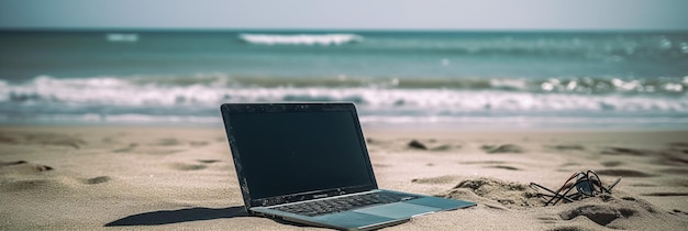 Laptop na plaży jest otwarty po prawej stronie ekranu.