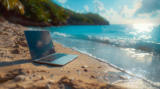 Laptop na plaży o zachodzie słońca Koncepcja Freelance