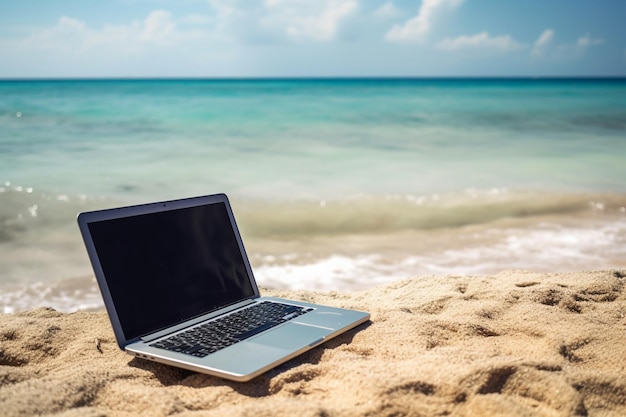 Laptop na plaży z oceanem w tle