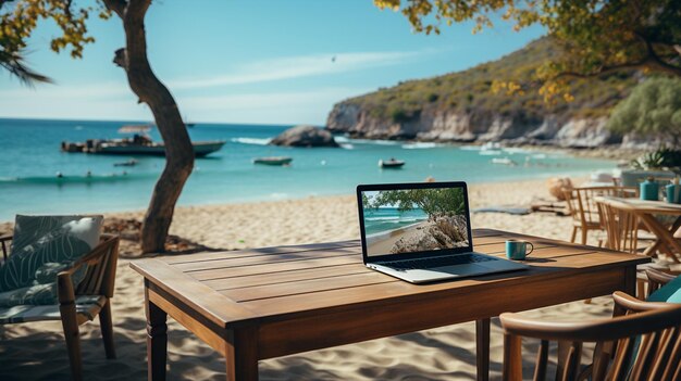 laptop na plaży z widokiem na morze