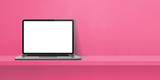 Laptop na różowym banerze w tle półki