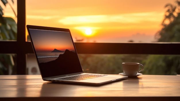 Laptop na stole o zachodzie słońca