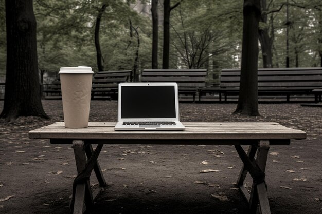 Zdjęcie laptop na stole piknikowym w parku z jednorazowym kubkiem kawy