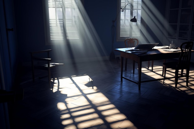 Laptop na stole w ciemnym pokoju z promieniami słońca