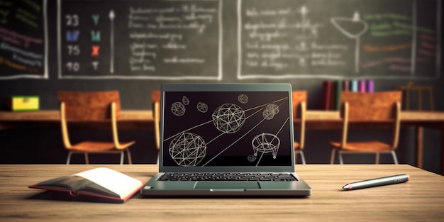 Laptop na szkolnym biurku w klasie z tablicą pełną równań naukowych