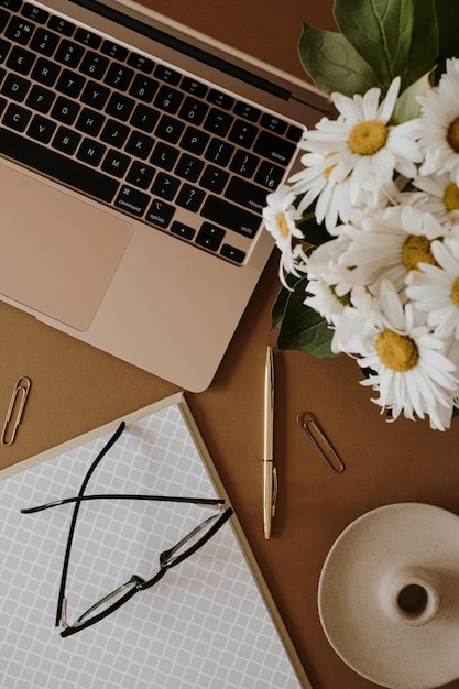 Laptop notatnik bukiet kwiatów rumianku na neutralnym brązowym tle Płaski widok z góry estetyczny minimalny freelancer bloger w domowym biurze