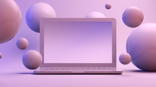 Laptop otoczony kulkami na fioletowym tle