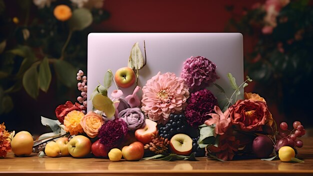 Laptop ozdobiony delikatnymi kwiatami i egzotycznymi owocami